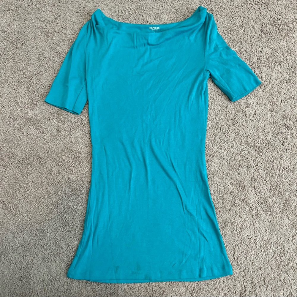 Express Teal Blue Wide Neck Sexy Basic Short Sleeve Tunic Shirt Small
